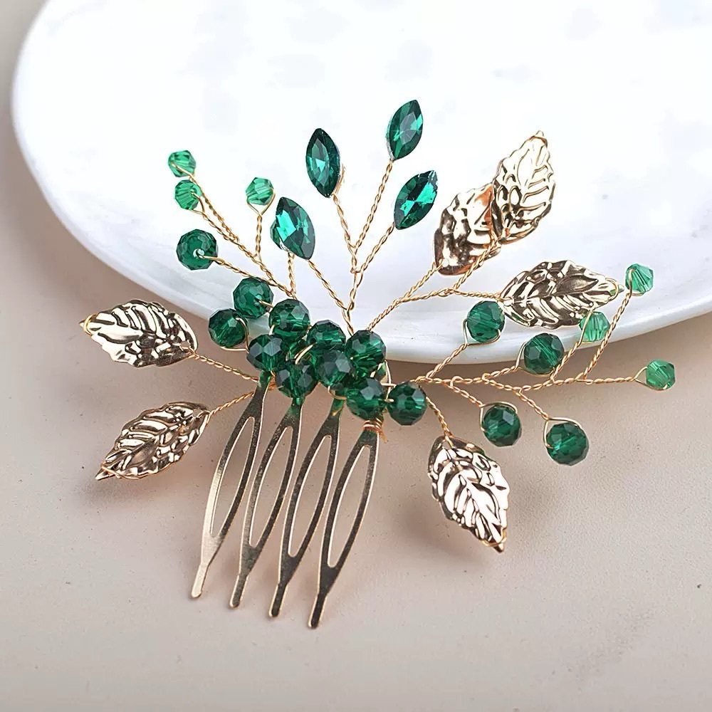 Anthropologie Gold Leaf Hair Pin with Emerald Green Crystals - Picture 2 of 2